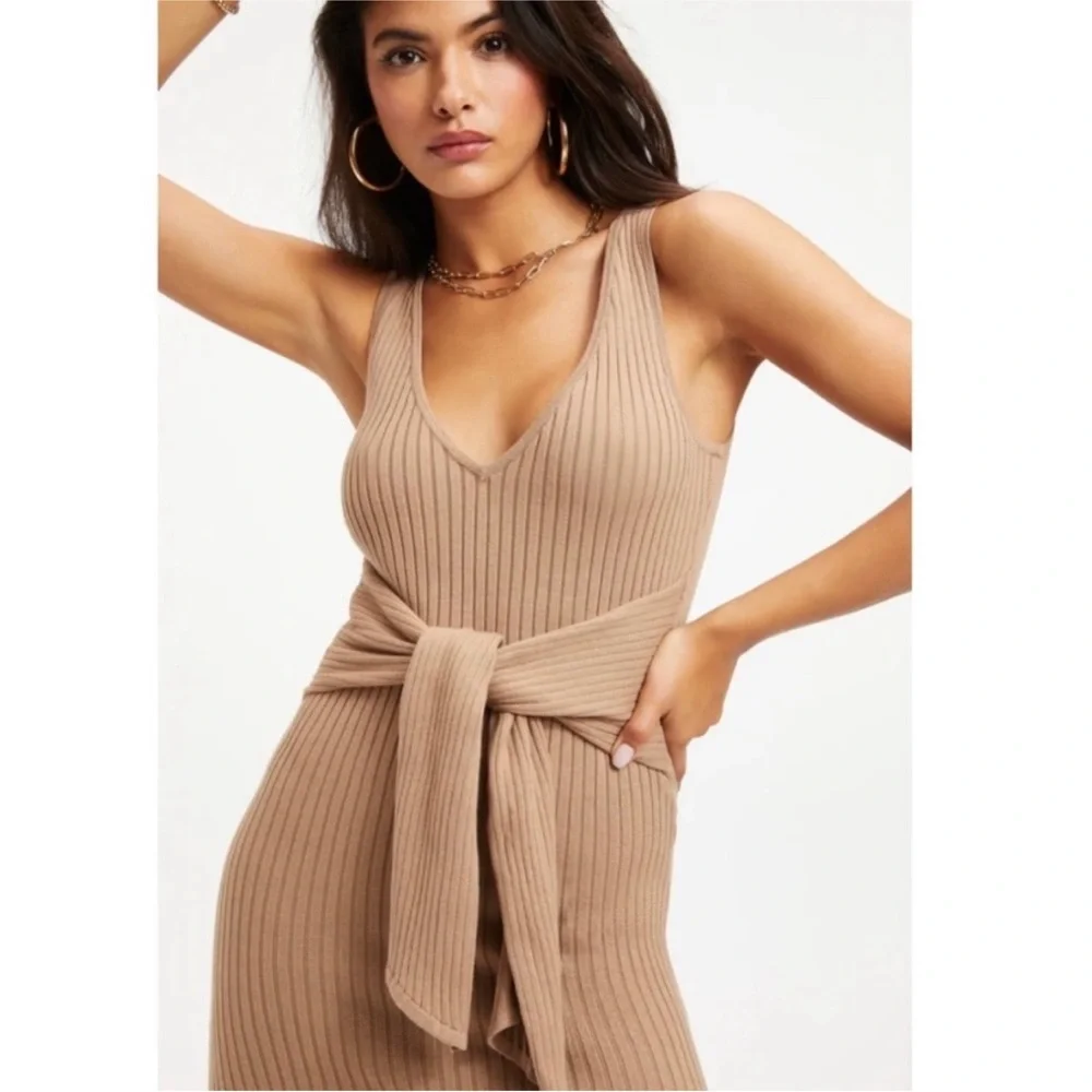 Good American Wrap Tie Sleeveless Sweater Midi Dress Tan 2 M Belted Body